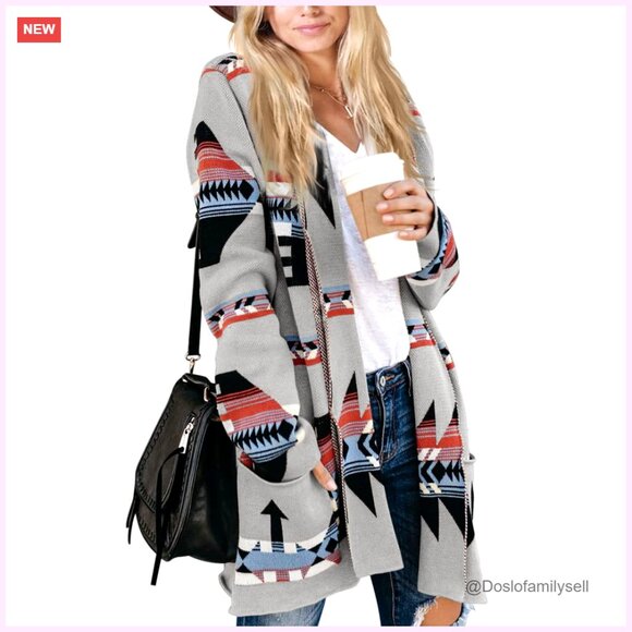 Boho Cardigan Open Front Long Sleeve Shawl Collar Sweater Coat with Pockets